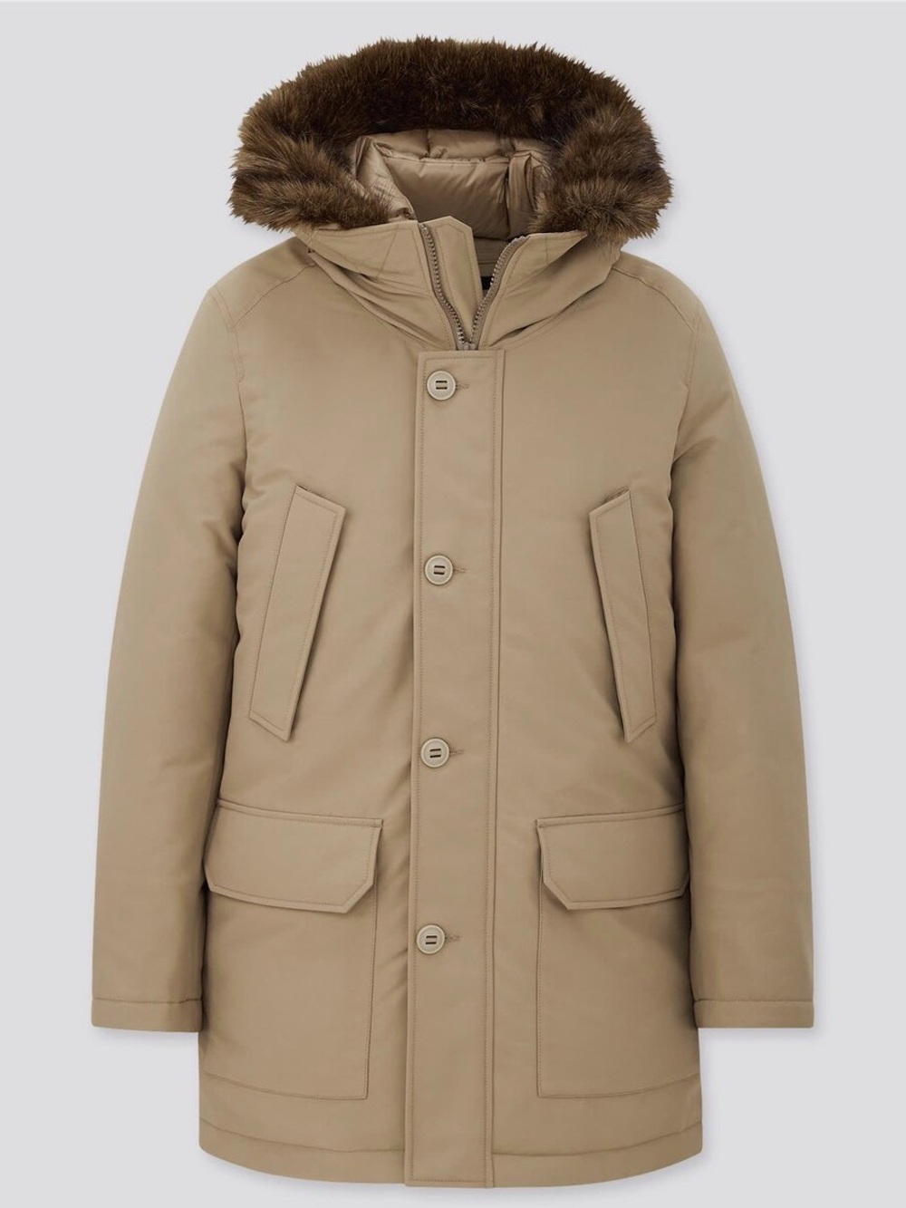 Uniqlo Ultra Warm Jacket Mens M Beige Down Full Zip Puffer Coat Padded Parka Fur